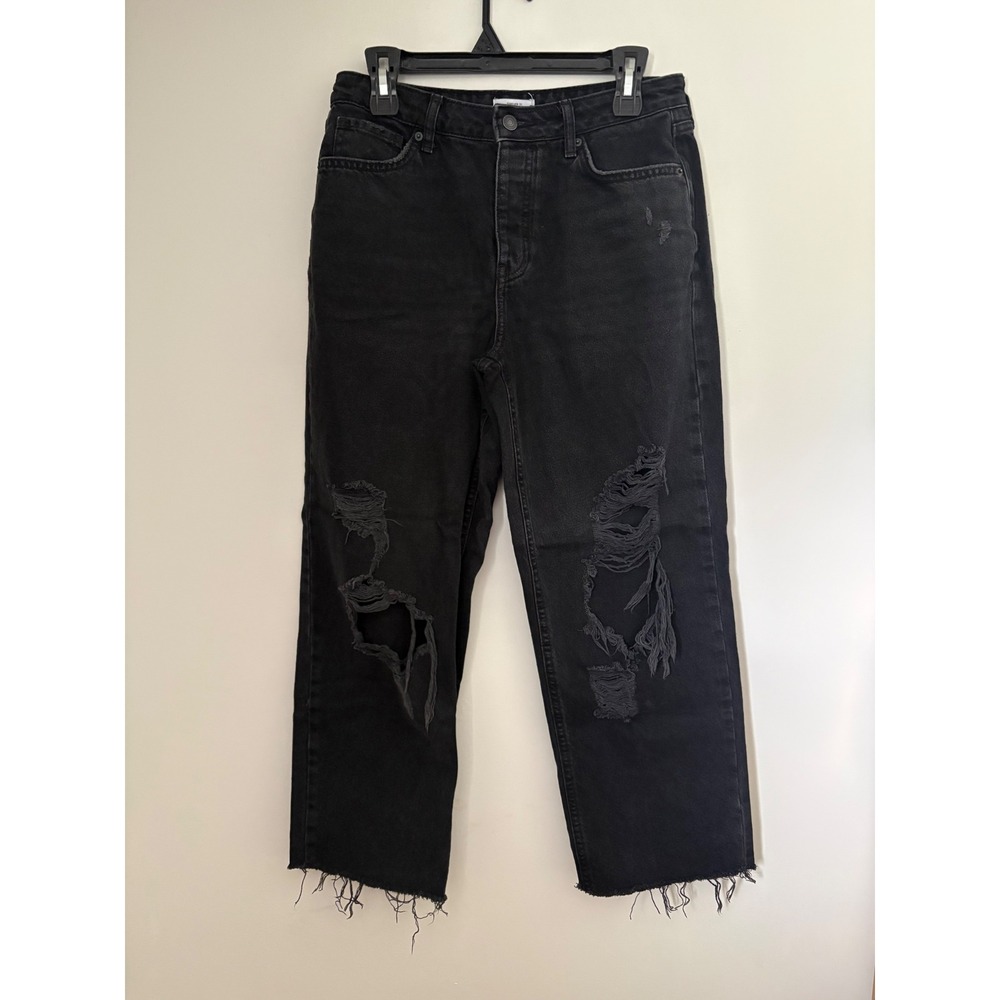 Forever 21 Black Distressed Straight Leg Button Fly Jeans 27 Mom Jean Raw Hem‎